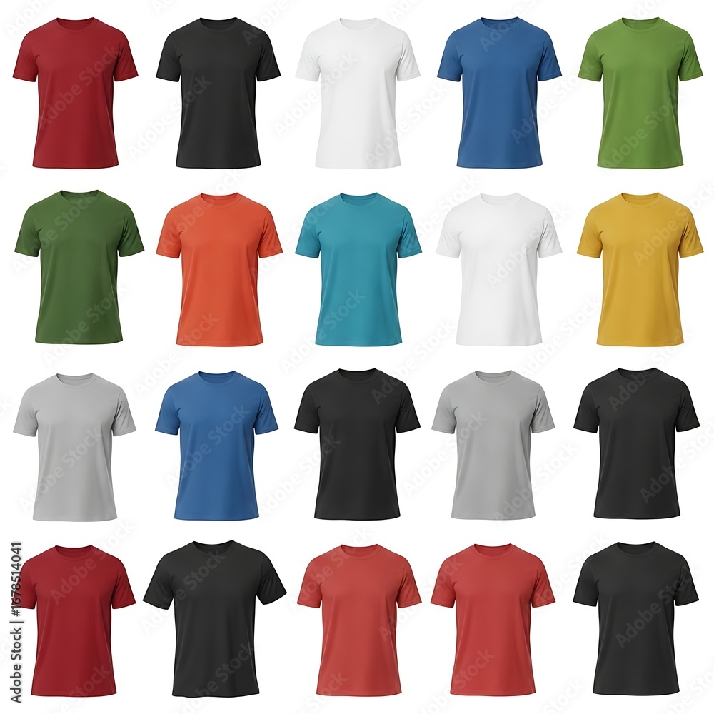Colorful collection of blank t-shirt mockups in various shades. Basic men's apparel templates isolated on a white background Colorful collection of blank t-shirt mockups in various shades. Basic men's apparel templates isolated on a white background