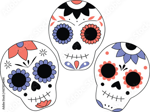 Three sugar skulls with floral decorations for day of the dead celebration