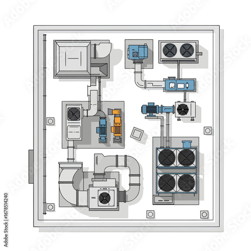 Detailed Hvac System Diagram Top View Illustration Air Conditioning Plan Ventilation Scheme Industrial Engineering Blueprint In Gray and White