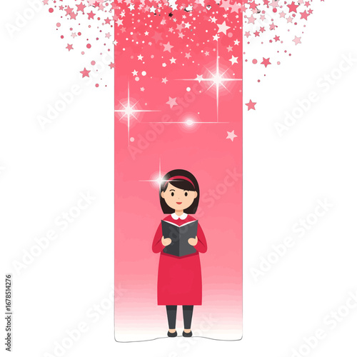 Pixelated Illustration of Young Woman Singing in Red Gown with Stars on Pink Background in Pixel Art Style