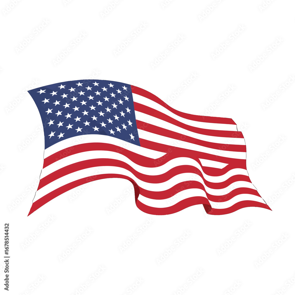 Fototapeta premium Waving American Flag Symbol with Blue Star Field and Red and White Stripes on White Background