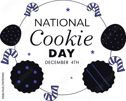National cookie day illustration with cookies and candy canes in a decorative wreath design