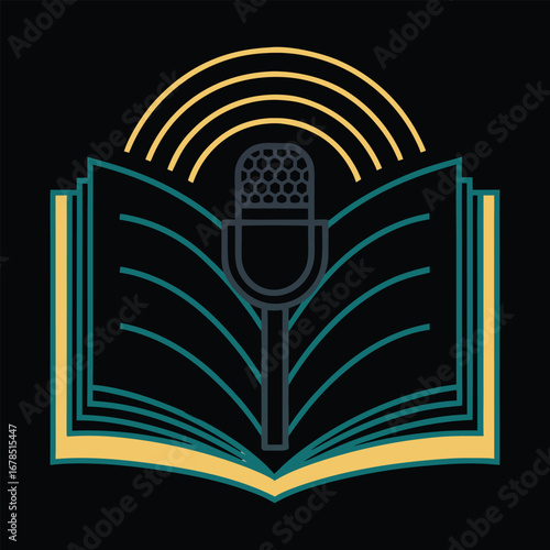 Open book with microphone and radio waves symbolizing audiobooks and spoken word content creation