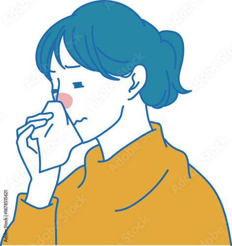 鼻をティッシュで押さえる女性のイラスト素材