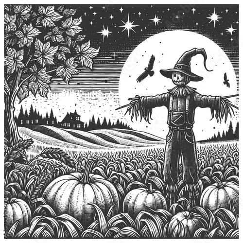 scarecrow with a witch hat standing in a pumpkin field under a full moon night sky sketch engraving generative ai vector illustration. Scratch board imitation. Black and white image.