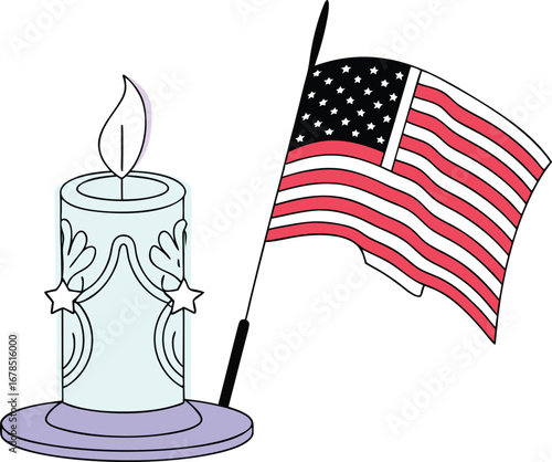 Candle and american flag illustration for memorial day or other patriotic holiday event