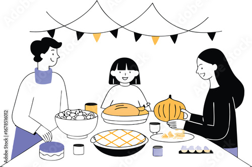 Family thanksgiving dinner illustration with people, food, and festive decorations on the table
