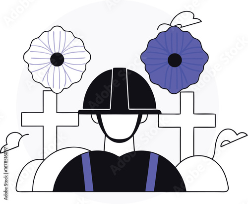 Memorial day illustration with soldier, poppies, and graves to honor veterans and remember their sacrifice