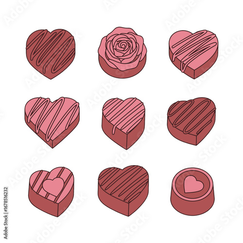 Decorative Chocolate Box with Rose and Heart Shapes of Dark Pink Color on White Background