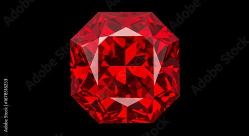 A stunning red faceted gemstone, possibly a ruby or diamond, sparkles brilliantly against a clean black background, rendered as a high-quality vector graphic.