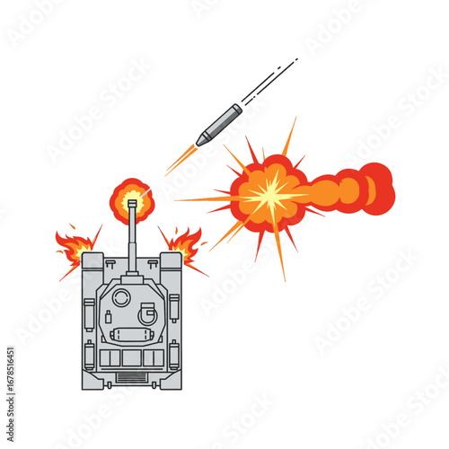 Gray Armored Tank Firing a Missile with a Fiery Explosion in a War Illustration on a White Background