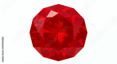 A vibrant, faceted red ruby gemstone sparkles against a clean white backdrop, showcasing brilliant cut and clarity in a high-resolution vector illustration.