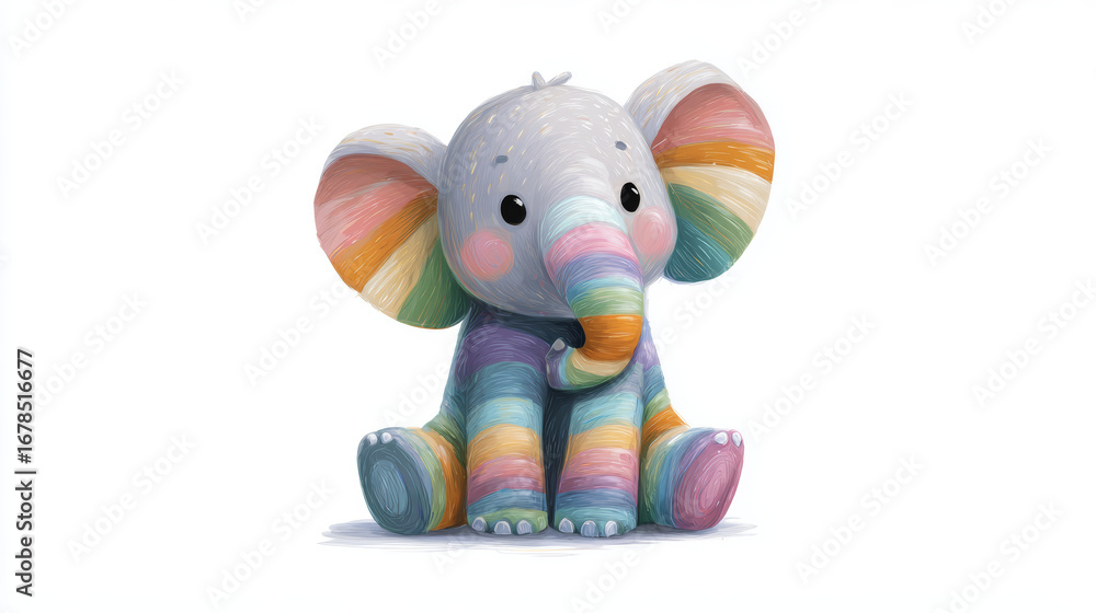 Fototapeta premium Cute rainbow striped elephant pastel color sitting cartoon happy adorable child isolated white background playful
