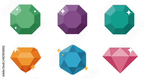 A vibrant collection of flat design vector diamonds and precious gemstones, sparkling with various colors, ideal for elegant graphic design projects.
