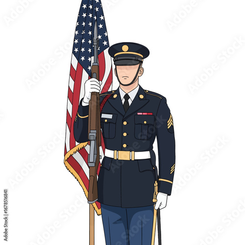 Pixel Art of Honor Guard Standing Tall with American Flag and Rifle with Navy Uniform against White Backdrop