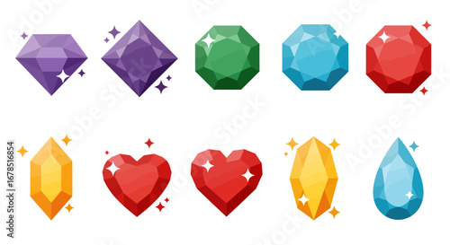 Collection of sparkling faceted gemstones in various shapes and vibrant colors, isolated on a white background, perfect for design.