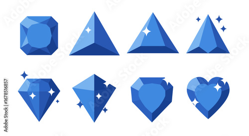 A collection of sparkling blue diamonds in various geometric vector shapes, including square, triangle, and heart, presented on a clean white background.