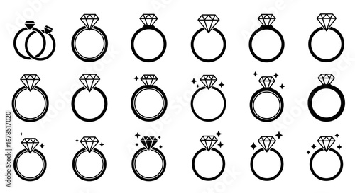Set of vector icons featuring diamond rings in various styles, perfect for jewelry stores, wedding planners, or any design needing a touch of elegance and romance.