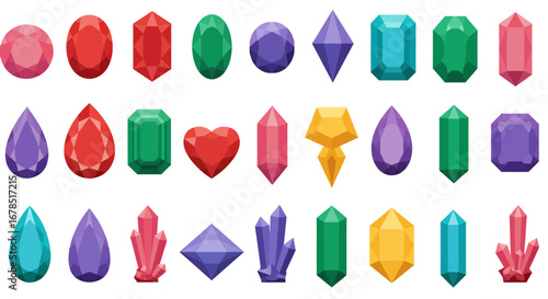 A vibrant collection of colorful vector gemstones and sparkling diamonds in various cuts and shapes, perfect for design elements and jewelry concepts.
