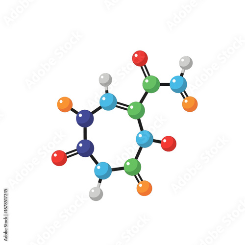 Colorful Pixelated Molecular Structure Displaying Chemical Bonds in Scientific Illustration with Symmetrical Design on a White Background