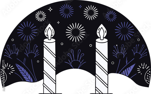 Two candles with fireworks, a festive and celebratory with a touch of magic and wonder