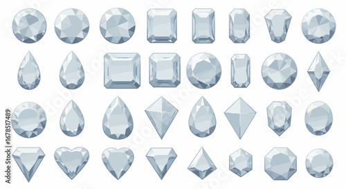 A sparkling collection of various diamond cuts, including round, pear, and emerald shapes, presented as isolated vector graphic elements.