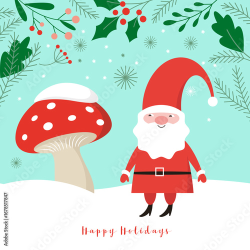 Christmas illustration, xmas card,  cute gnom and amanita mushroom