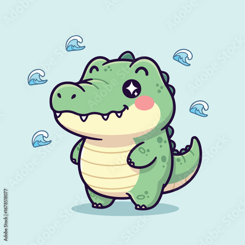 Cute cartoon alligator smiling happily amidst gentle waves on a light blue backdrop, radiating a playful and cheerful vibe.