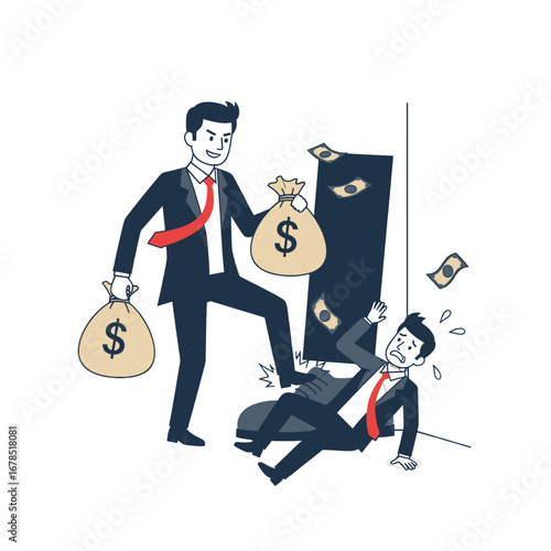Rich Businessman Stepping on Competing Businessman With Bags of Money Pixel Art Style Graphic Illustration on White Background