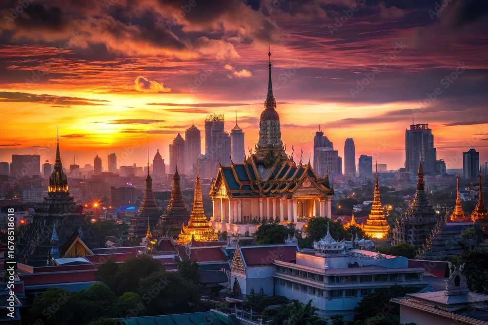Fototapeta premium Bangkok Sunset Cityscape: High-Resolution Thailand City at Golden Hour