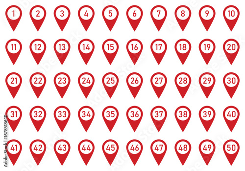 Vector illustration of 50 red location pin icons with numbers from 1 to 50. Numbered location pin icon set. Map marker symbol set with 1 to 50 numbers. Flat style.