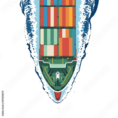 Aerial View of a Teal and White Container Ship Carrying Colorful Cargo Containers on a Blue Sea Graphic Pixel Art Illustration