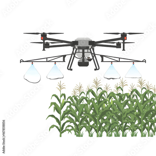 Drone Spraying Corn Field in Agricultural Technology with Pixel Art Style on White Background