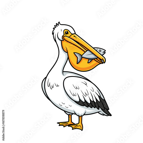 A charming cartoon pelican stands proudly, showcasing its impressive yellow beak and the fresh fish it has just caught in its distinctive pouch, ready for a meal.