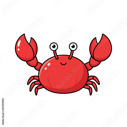 A charming, bright red cartoon crab with large expressive eyes and prominent claws, humorously illustrated and isolated on a clean white background.