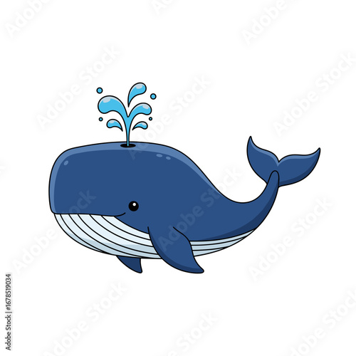 A charming cartoon blue whale with a friendly smile gracefully spouts water from its blowhole, depicted in a clean, isolated vector illustration.