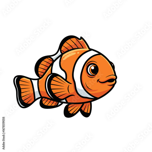 A vibrant and friendly cartoon clownfish, rendered with bright orange and white stripes, swimming happily on a clean white background, perfect for children's designs and aquatic themes.