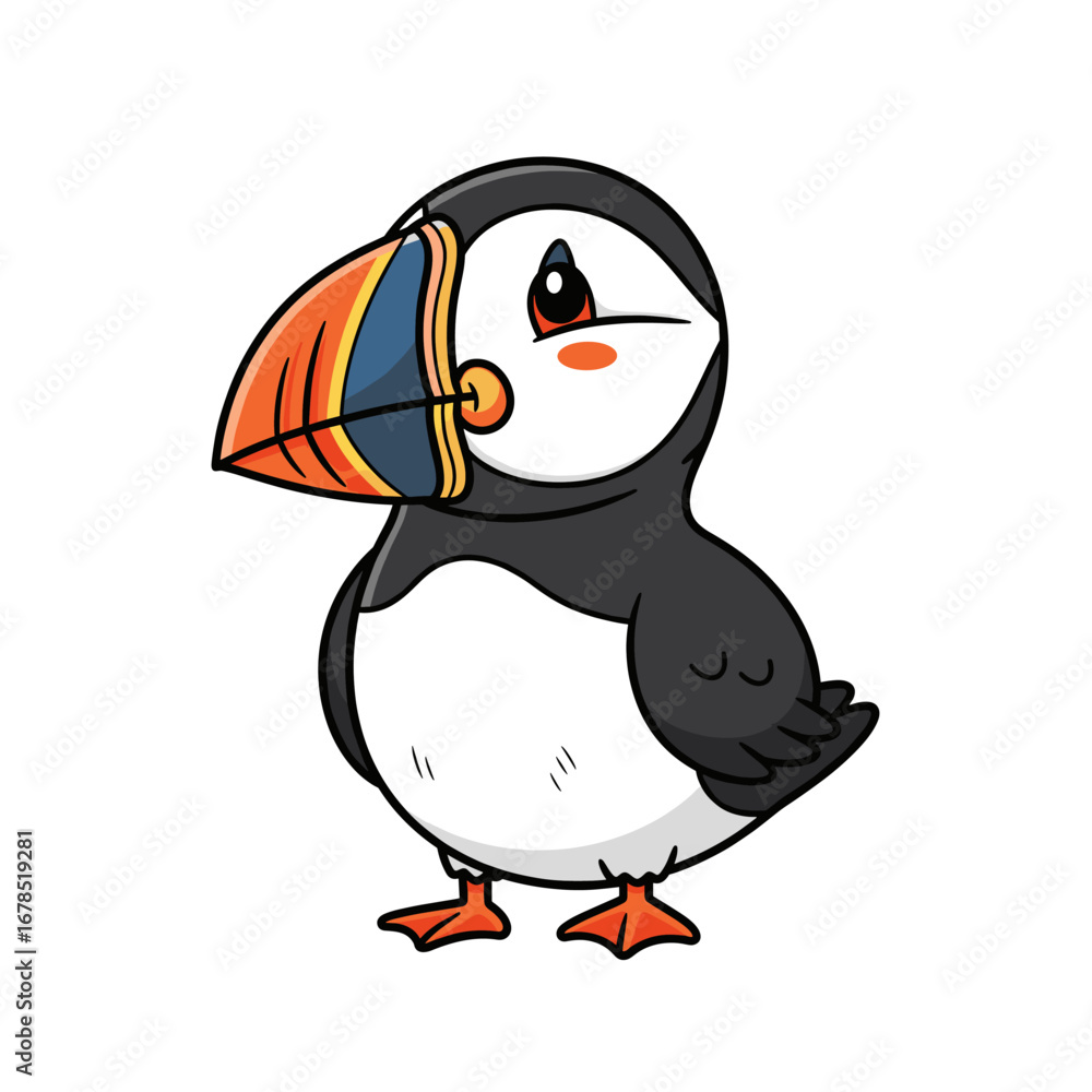 Fototapeta premium A charming cartoon Atlantic puffin, with its vibrant orange and blue beak, stands adorably on a clean white background, ideal for kids' designs.