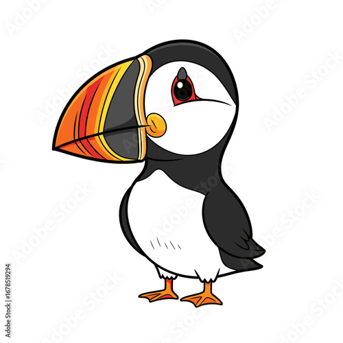A cute cartoon Atlantic puffin stands with its distinctive colorful beak, showcasing its charming and iconic seabird appearance on a clean white background.