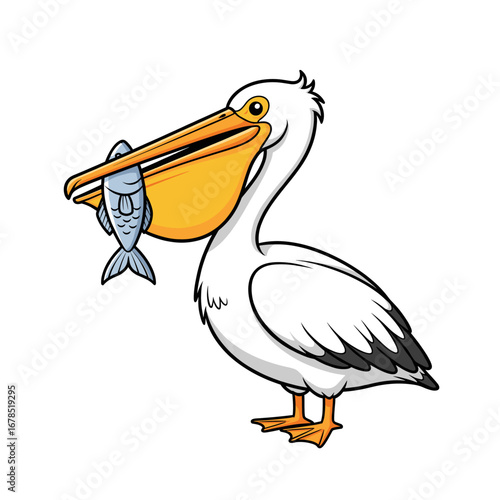 A charming cartoon illustration depicts a majestic white pelican with a large yellow beak, proudly holding a freshly caught silver fish, an iconic bird of the wetlands.