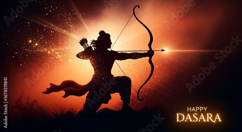 Lord Rama with bow and Arrow, Navratri 2025, cinematic style Lord Rama illustration, Happy Dasara poster