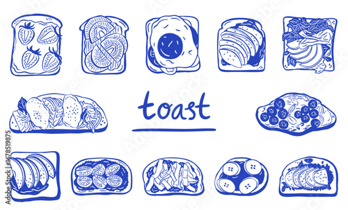 toast breads with different toppings hand drawn sketch illustration - vector doodle collection set
