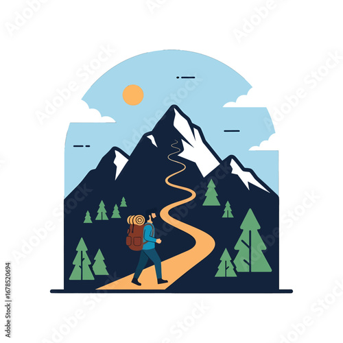 Hiker on Mountain Trail Illustration with Blue Sky Sun and Pine Trees Graphic Design