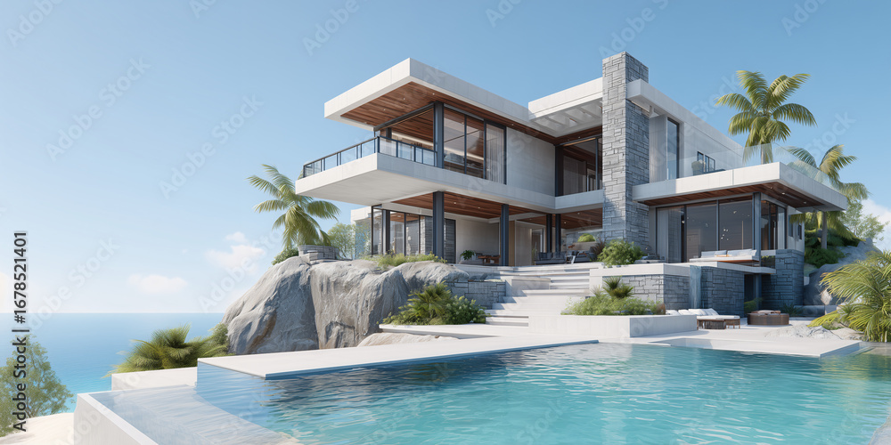 Fototapeta premium A stunning modern house with a pool, located on the sea with beautiful views