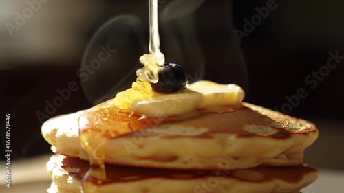 Cinematic Macro Slow Motion of Honey Dripping on a Stack of Steaming Hot Pancakes with a Blueberry