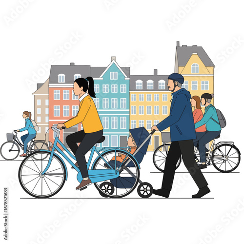 Family Cycling in Urban City Colorful Buildings Daytime Illustration Vector Graphic Art Cheerful People Outdoor