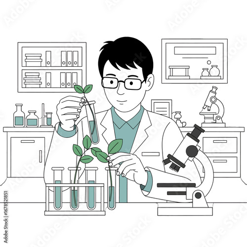 Scientist in White Lab Coat Examining Plant Sample in Laboratory Test Tubes with Microscope and Shelves in White Background