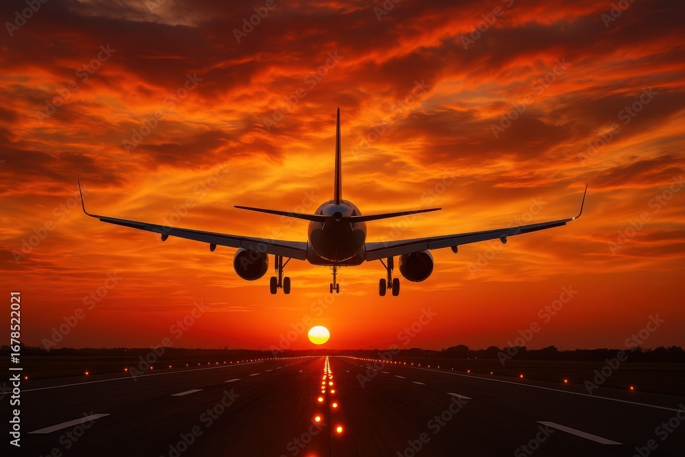 Fototapeta premium Sunset Landing: A commercial airplane touches down gracefully on the runway as the setting sun paints the sky with vibrant colors, symbolizing journeys, travel, and the spirit of adventure.