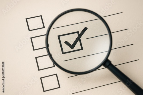 Completed Tasks: A magnifying glass, focusing on a single checklist item, indicates a successful completion in a simplified visual study of organization and planning.