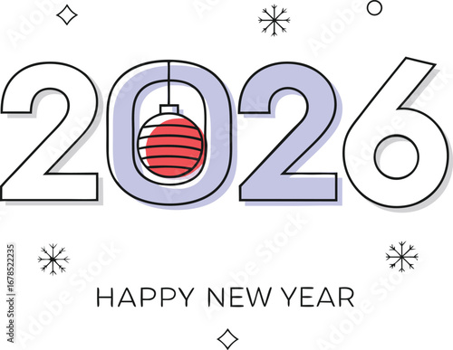 Happy new year 2026 greeting card with festive ornament and snowflakes decoration design